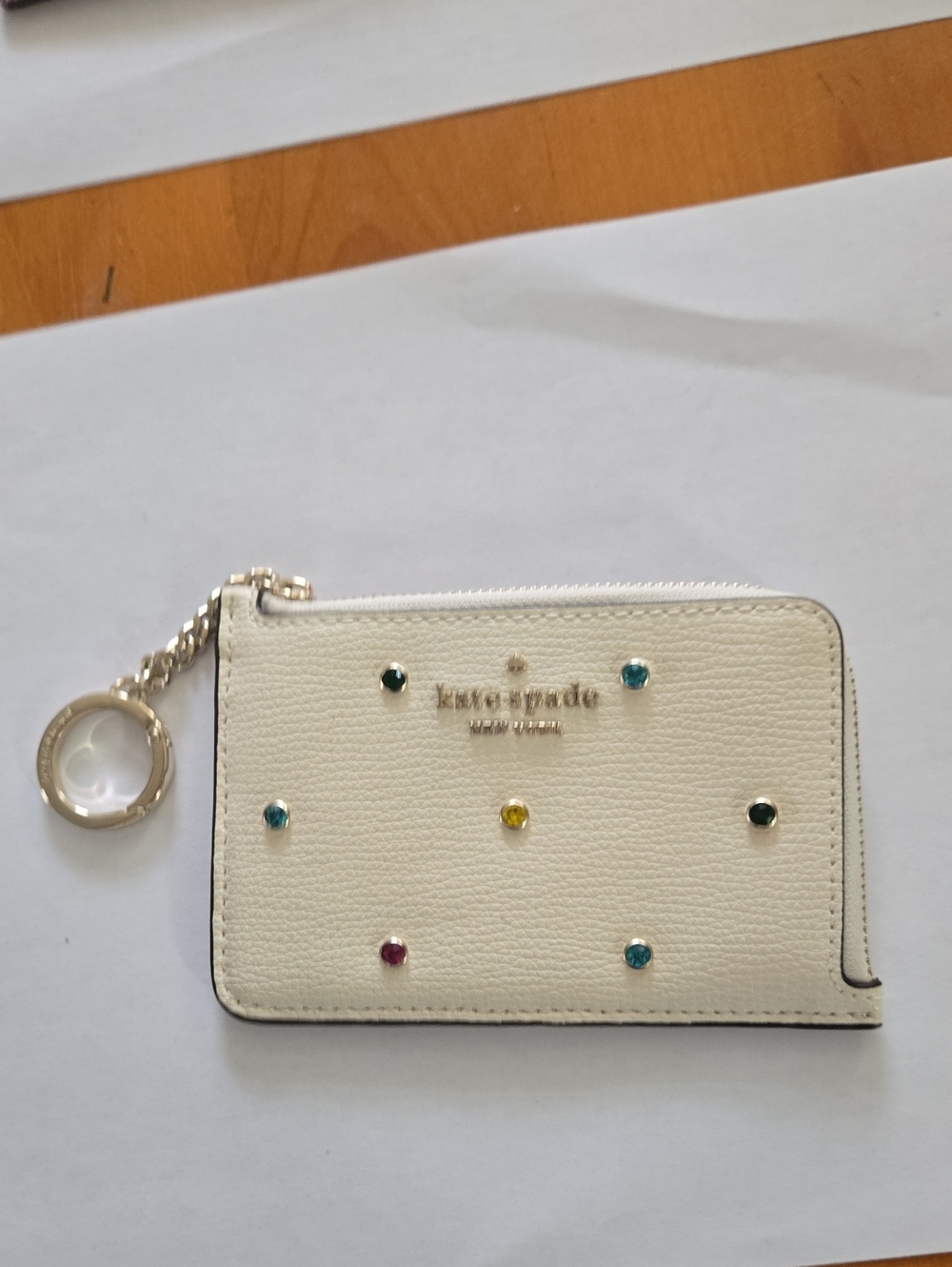 kate spade cream leather zip card case with jeweled studs and keyring